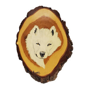 Vintage US Signed Burns 11 Wolf Head Hand Painted Wood Wall Plaque